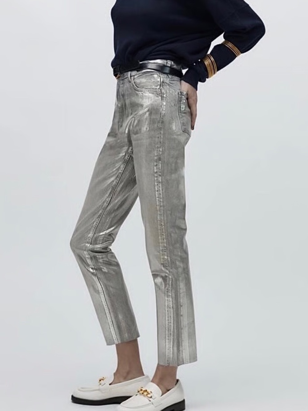 Zara NWT Metallic Silver Mid Rise Slim Fit Jeans Sz 2
